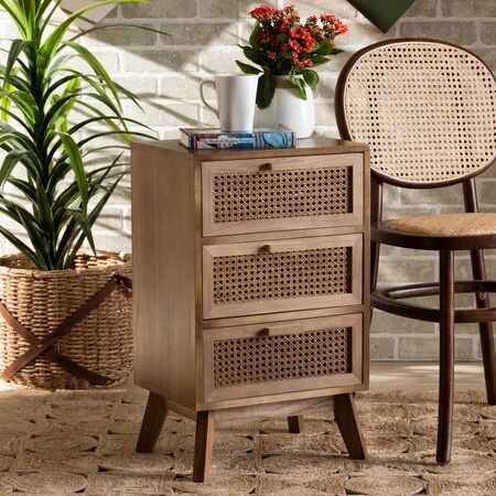 Baxton Studio Baden Mid-Century Modern Walnut Brown Finished Wood 3-Drawer Nightstand with Rattan 201-12259